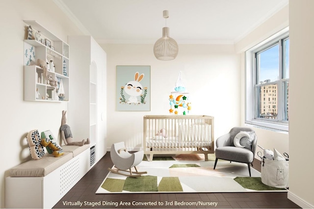 bedroom featuring crown molding and hardwood / wood-style flooring