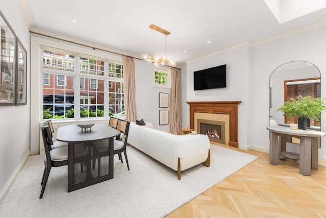 dining area with an inviting chandelier, crown molding, and light parquet floors