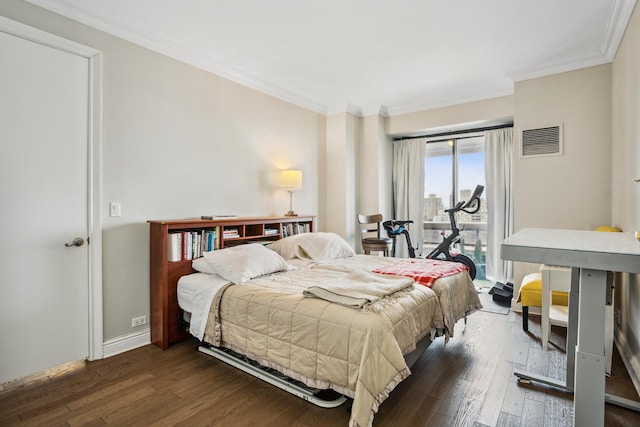 bedroom featuring visible vents, dark wood-type flooring, access to outside, crown molding, and baseboards