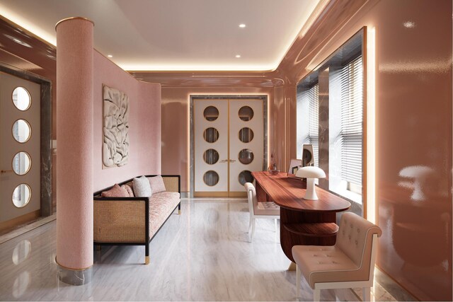 interior space with stainless steel gas stovetop, sink, parquet floors, white cabinets, and light stone counters