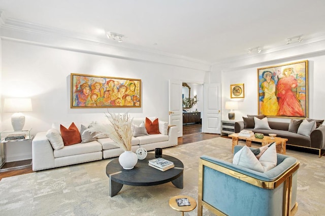 living room featuring crown molding and rail lighting