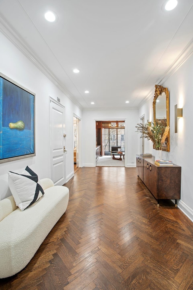 interior space featuring recessed lighting, baseboards, and ornamental molding