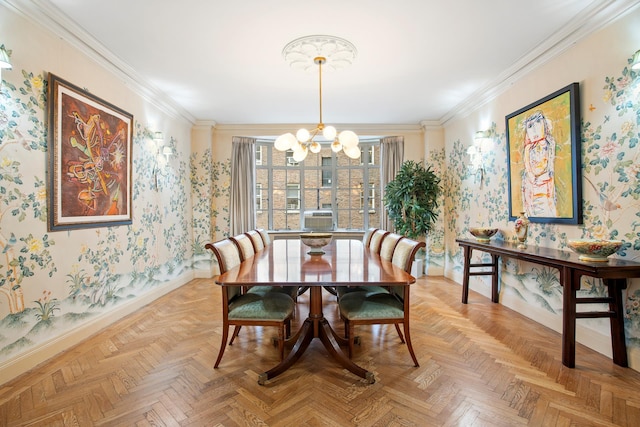 dining space featuring wallpapered walls, ornamental molding, and a chandelier