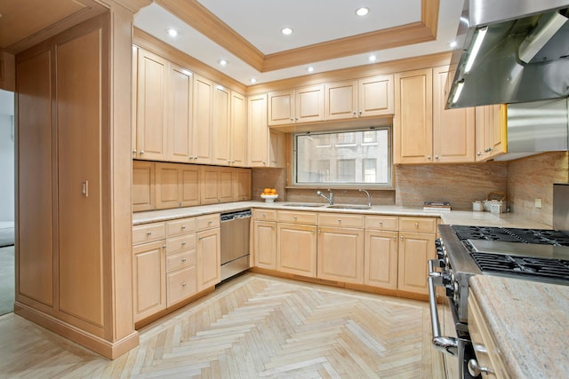 kitchen featuring decorative backsplash, appliances with stainless steel finishes, exhaust hood, and light brown cabinets