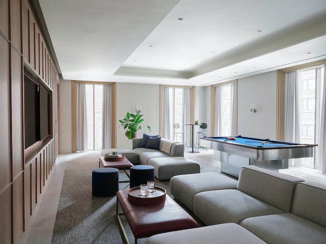 recreation room featuring billiards and a raised ceiling