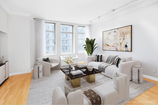 living area featuring track lighting, crown molding, wood finished floors, and baseboards