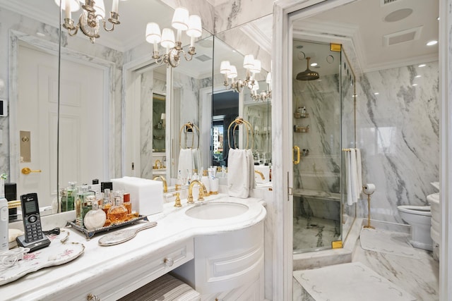 full bath featuring marble finish floor, a marble finish shower, toilet, and crown molding