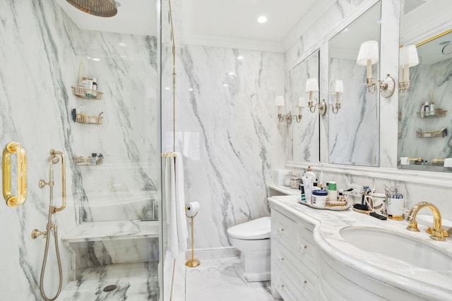 bathroom featuring a marble finish shower, toilet, marble finish floor, crown molding, and vanity