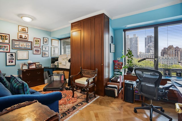 office area featuring a view of city and crown molding