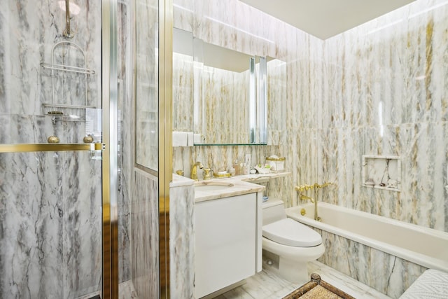 bathroom with a shower, marble finish floor, toilet, vanity, and a tub with marble appearance