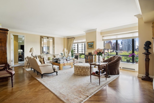 living area with a view of city, baseboards, and crown molding