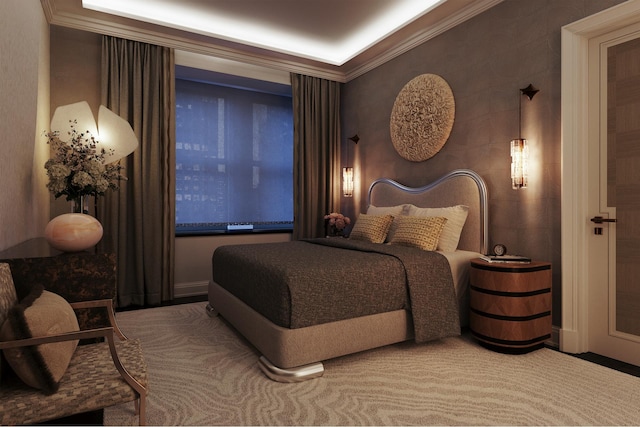 bedroom featuring carpet floors and ornamental molding