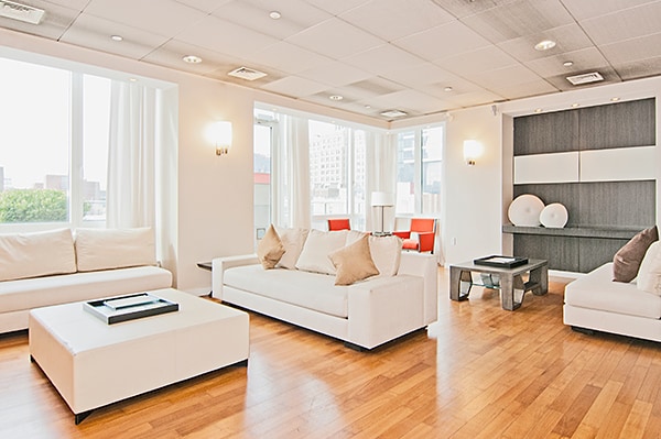 247 W 46th St Unit 1803, New York City, NY 10036 - living area featuring light wood-style floors and a paneled ceiling