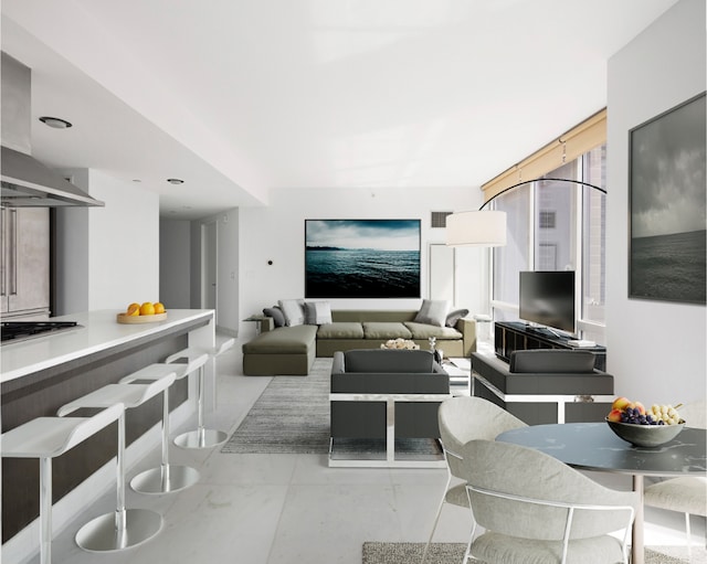 living room featuring marble finish floor and visible vents