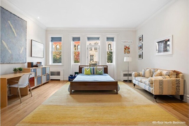 living room featuring ornamental molding, light hardwood / wood-style floors, and radiator heating unit