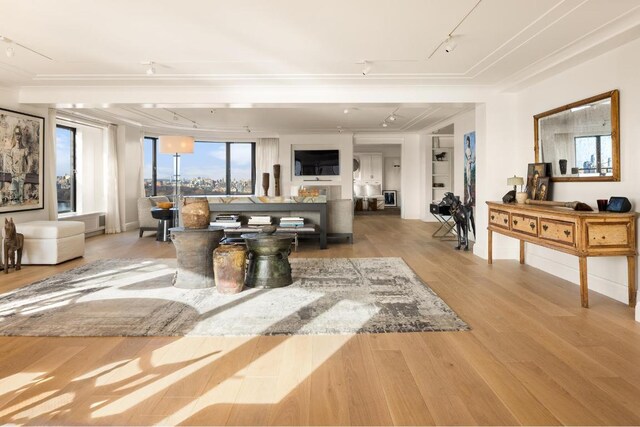 living room featuring ornamental molding and hardwood / wood-style floors