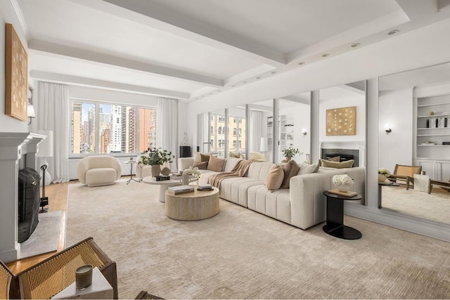 living room with light colored carpet and beam ceiling