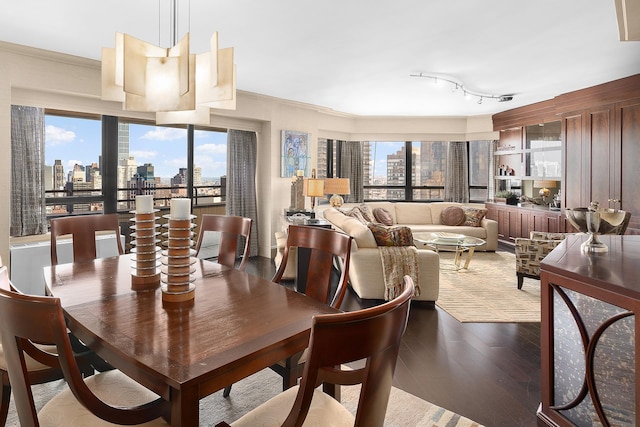 dining area featuring a view of city, wood finished floors, and crown molding