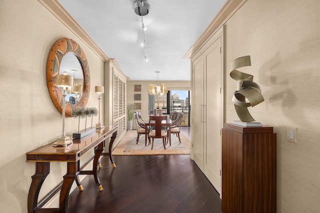 corridor with dark wood-type flooring, rail lighting, and crown molding