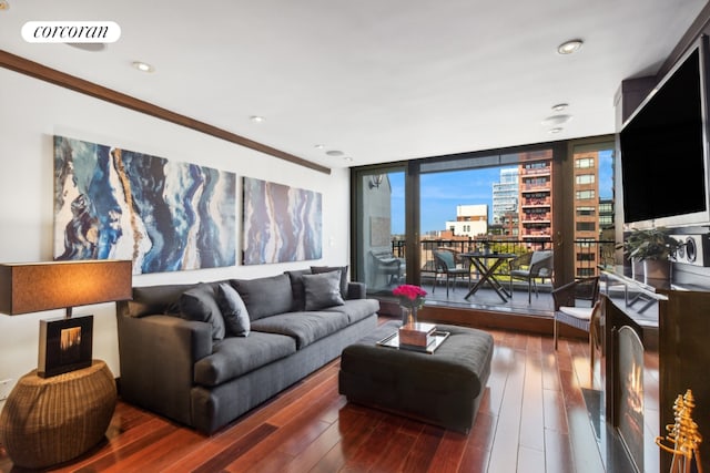 living room with dark hardwood / wood-style floors, expansive windows, and ornamental molding