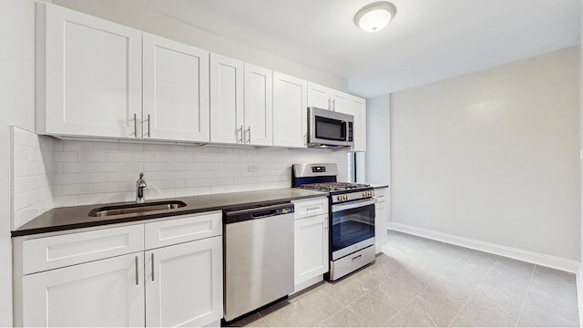 kitchen featuring a sink, stainless steel appliances, backsplash, and dark countertops