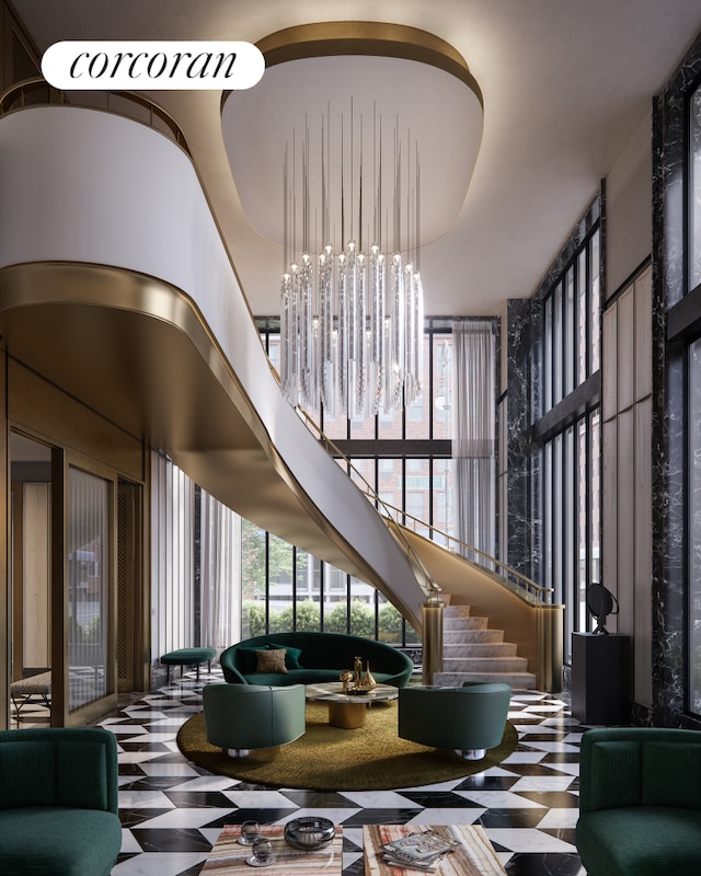 40 E End Ave Unit Ph17, New York City, NY 10028 - common area featuring a towering ceiling and stairs