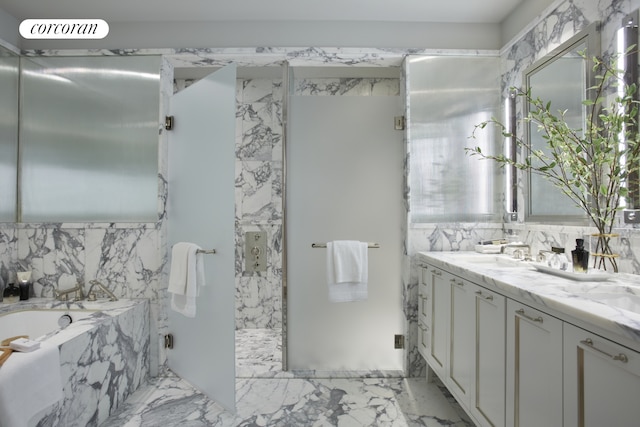 40 E End Ave Unit Ph17, New York City, NY 10028 - full bathroom featuring marble finish flooring, a marble finish shower, a bath, vanity, and decorative backsplash