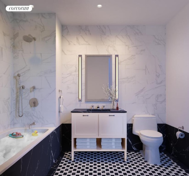 full bathroom with recessed lighting, vanity, toilet, and tile walls