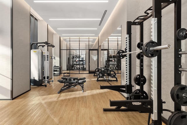 workout area featuring wood finished floors