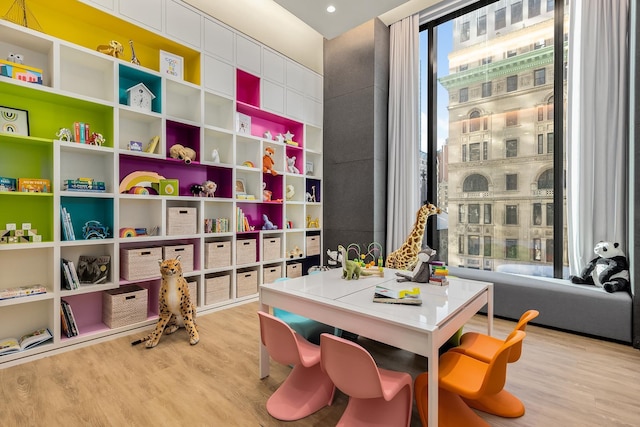 recreation room featuring expansive windows and wood finished floors