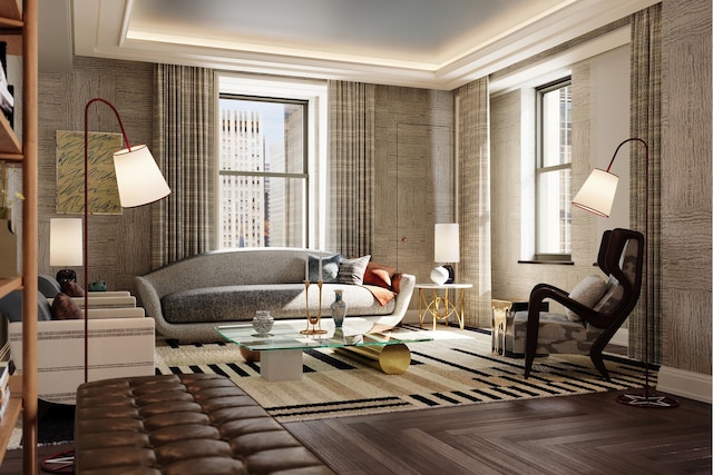 interior space featuring a wealth of natural light, baseboards, and a tray ceiling