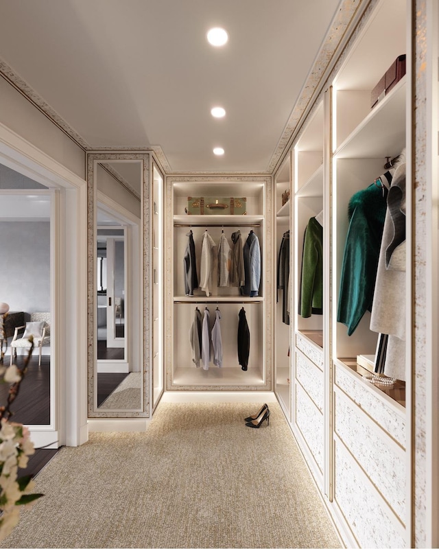 walk in closet featuring carpet floors