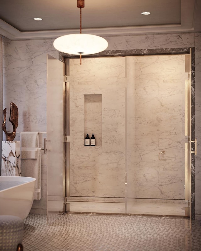 full bathroom featuring recessed lighting, a freestanding bath, and ornamental molding