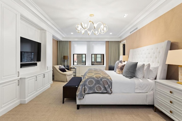 bedroom with light carpet, ornamental molding, and an inviting chandelier