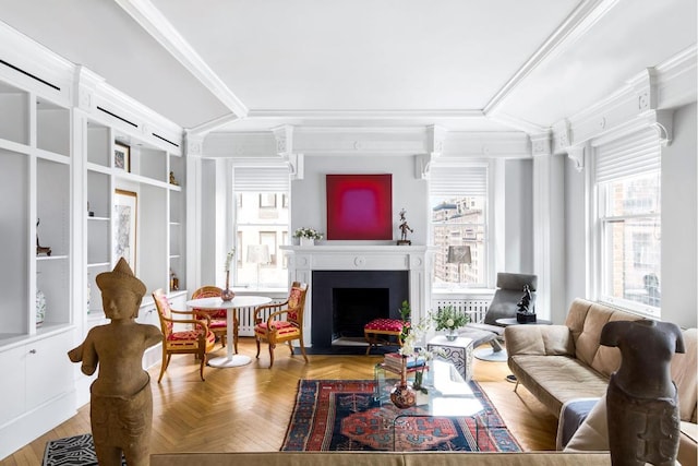 living room with parquet flooring and crown molding