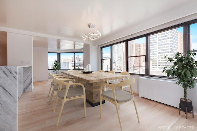 dining area featuring a city view and light wood finished floors