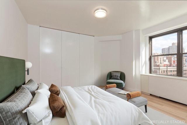 bedroom featuring light wood finished floors, a view of city, and a closet