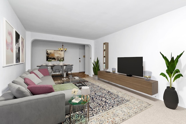 carpeted living area featuring arched walkways and an inviting chandelier