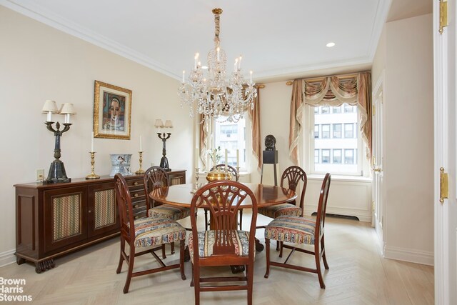 carpeted dining area with ornamental molding and a chandelier