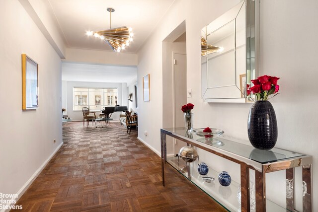 living room with dark parquet flooring