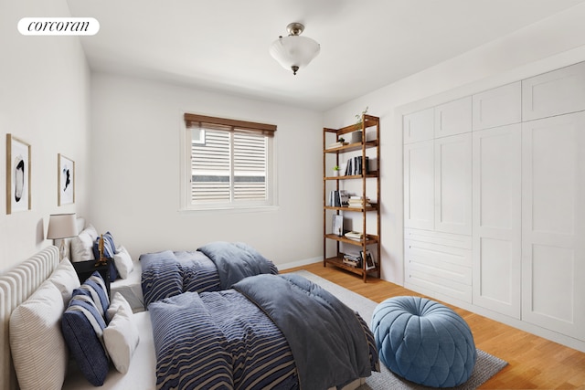 bedroom featuring wood-type flooring and a closet