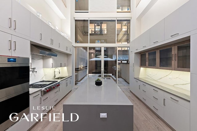 kitchen with sink, white cabinetry, appliances with stainless steel finishes, range hood, and light hardwood / wood-style floors