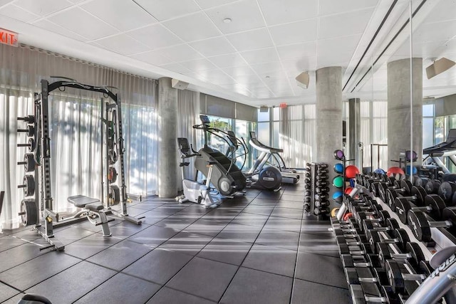 gym with a paneled ceiling and a wealth of natural light