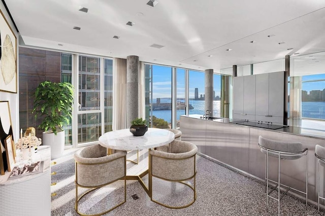 dining area featuring expansive windows and a water view