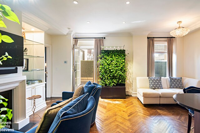 bedroom featuring parquet floors and ornamental molding