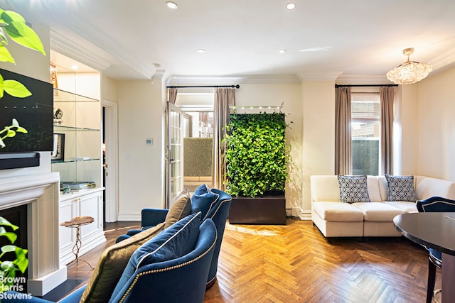 living room featuring crown molding and parquet flooring