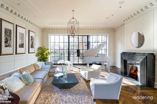 living room with a wealth of natural light, dark parquet flooring, crown molding, and a chandelier