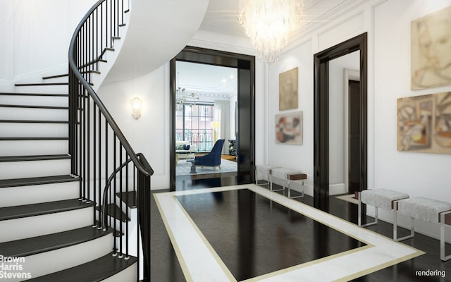 stairs featuring a notable chandelier, crown molding, and hardwood / wood-style flooring