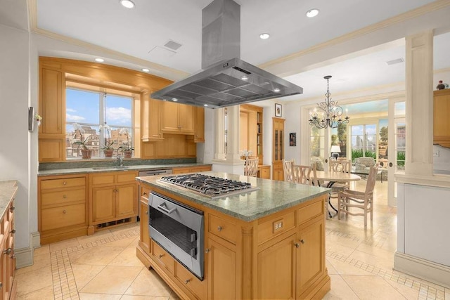 435 E 52nd St Unit 14G, New York City, NY 10022 - kitchen featuring island range hood, stainless steel appliances, inlaid floor details, a chandelier, and recessed lighting