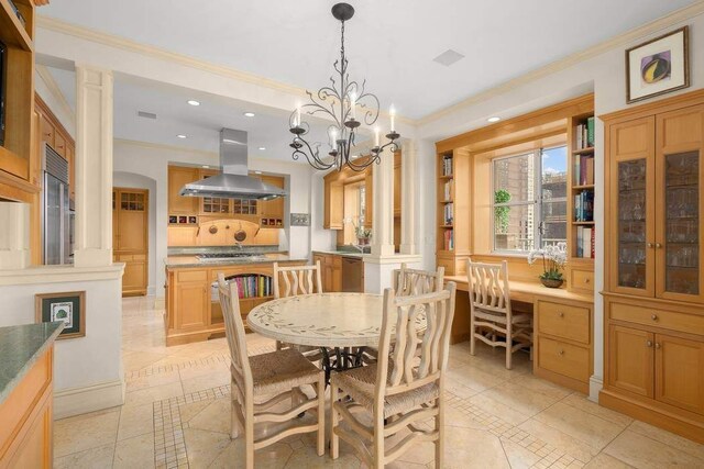 living room featuring crown molding and light parquet flooring